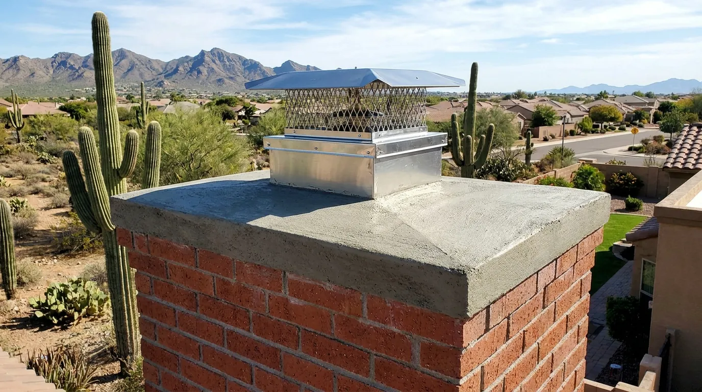 New concrete chimney crown and stainless cap installed on a Gilbert chimney