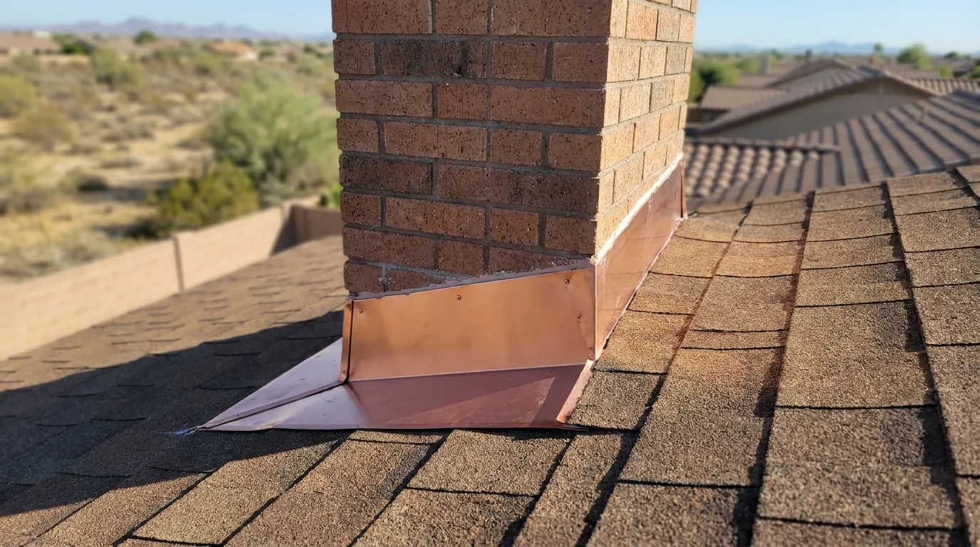 Repaired metal flashing sealing the joint between a chimney and roof in Gilbert