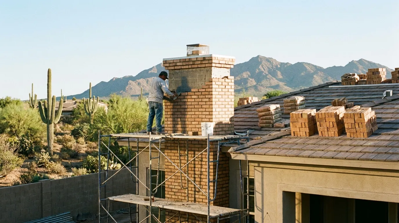 New brick chimney being rebuilt on a home in Gilbert, Arizona