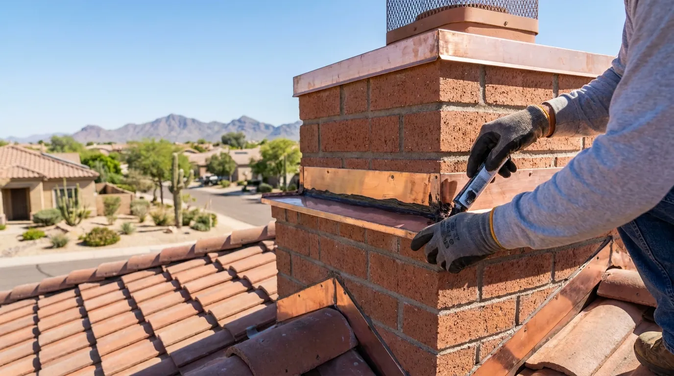 Chimney flashing being resealed on a rooftop in Gilbert, Arizona
