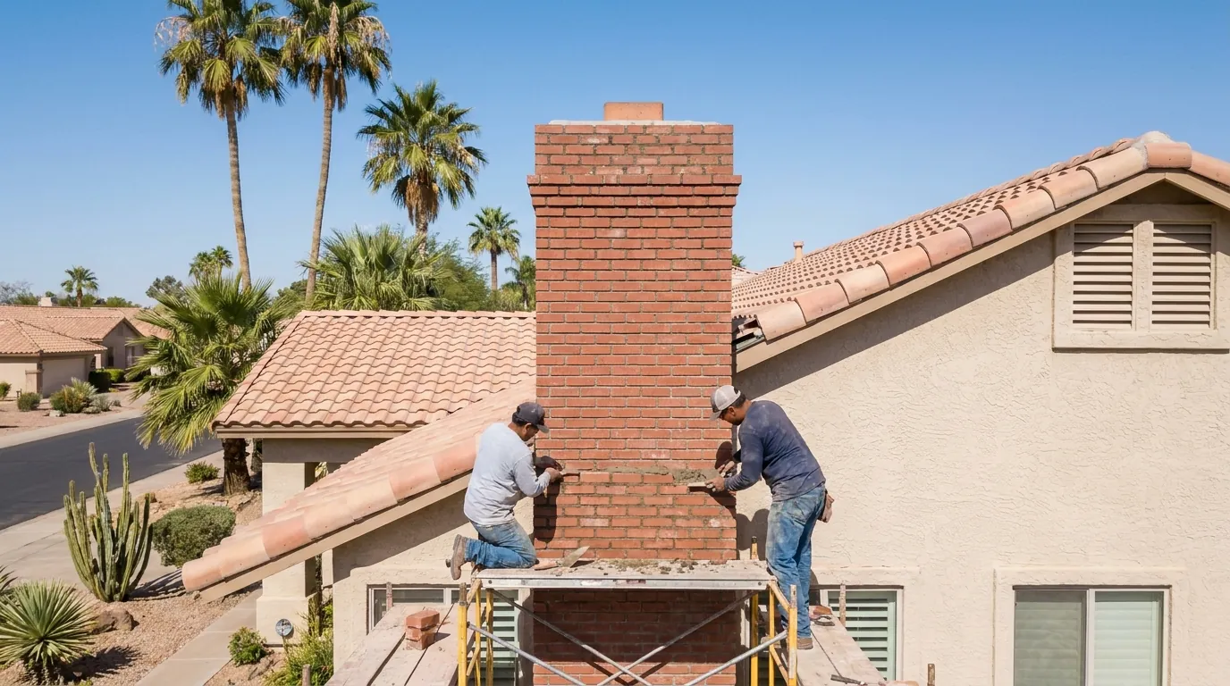 Brick chimney being rebuilt above the roofline of a Gilbert home