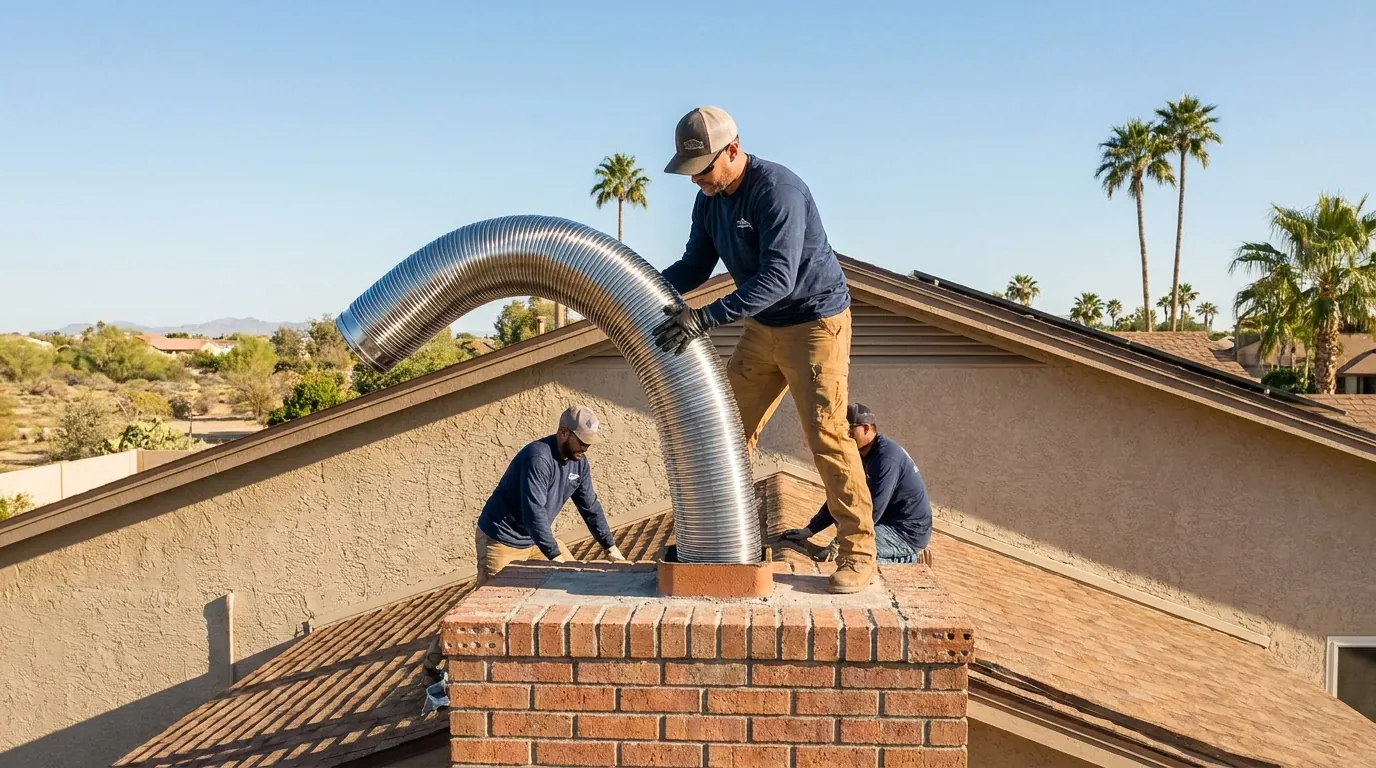 Stainless steel chimney liner being installed in a Gilbert chimney