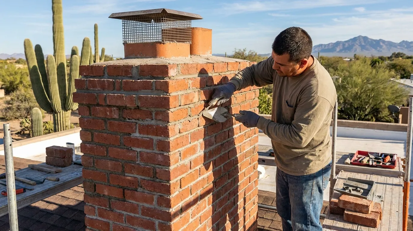 Mason repointing the mortar joints on a brick chimney in Gilbert